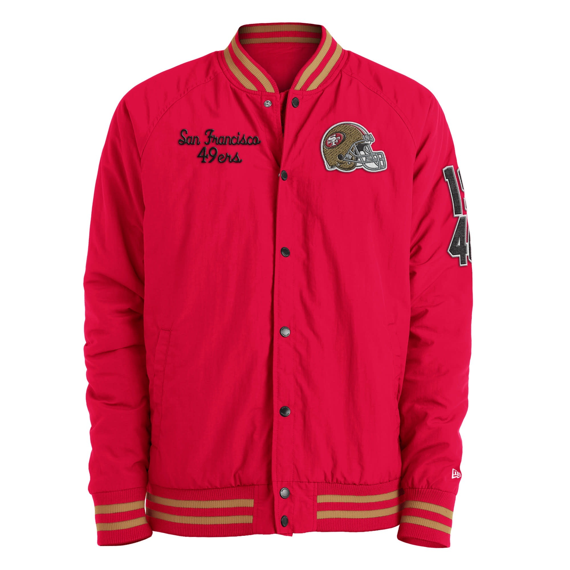 49ers Red Nylon Full Snap Button Varsity Jacket