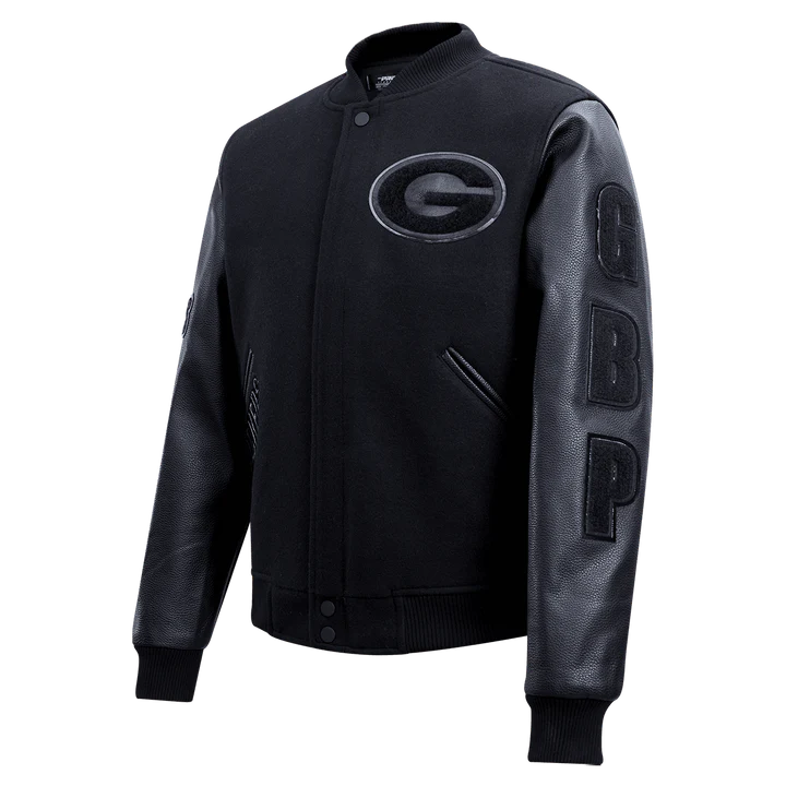 Green Bay Packers Triple Black Logo Varsity Jacket