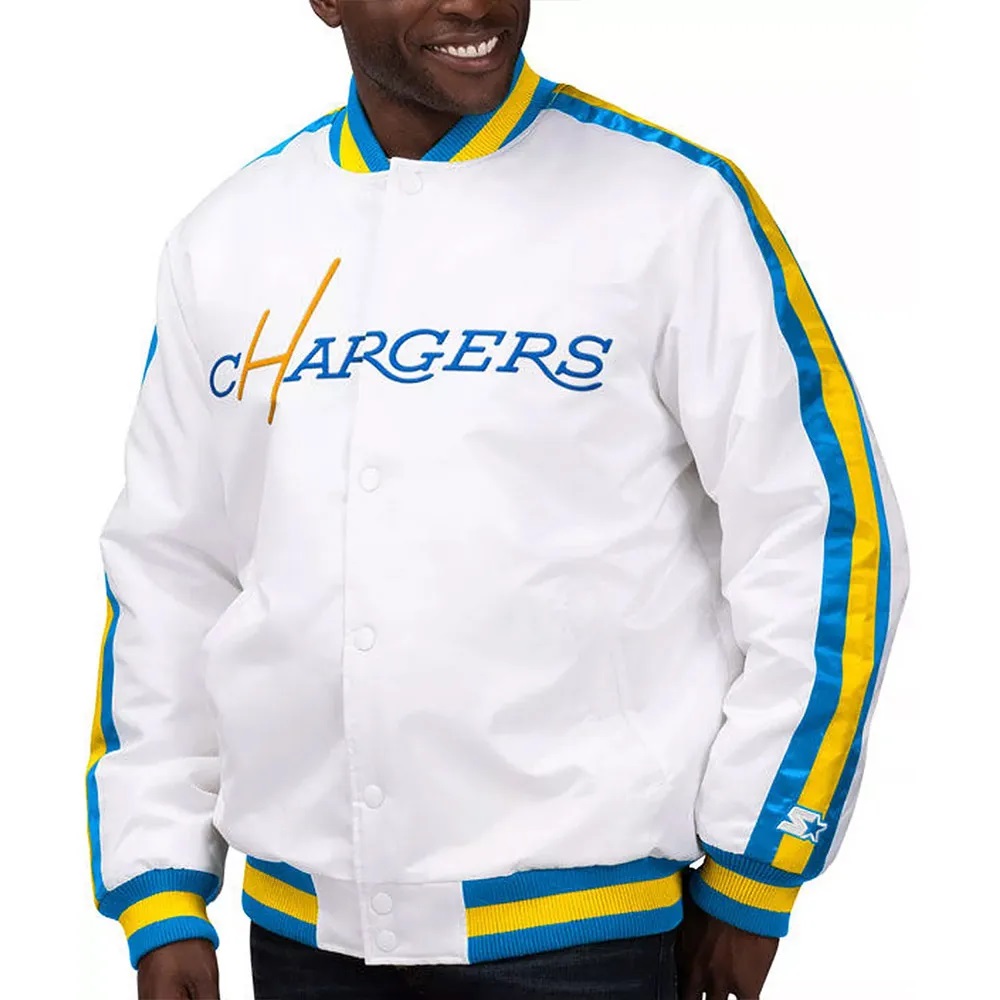 LA Chargers The D-Line White Satin Varsity Jacket