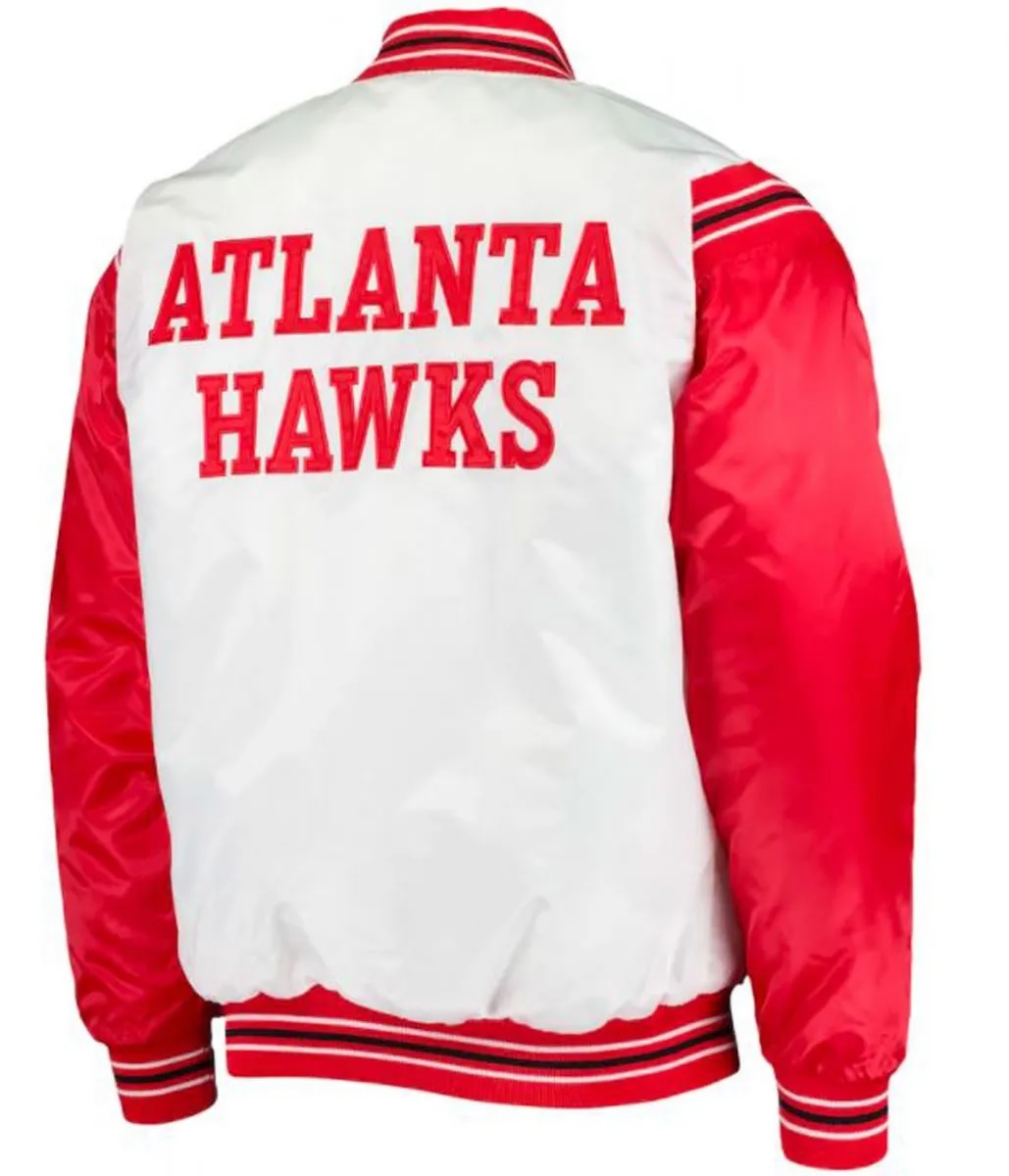 Atlanta Hawks Bomber Red and White Satin Jacket. perfect for game nights and city strolls.this satin bomber jacket blends team spirit with urban style