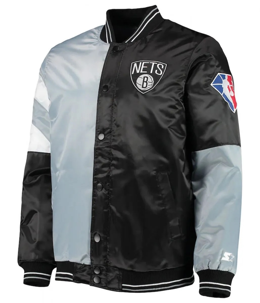 Brooklyn Nets Leader Satin Gray/Black Color Block Jacket