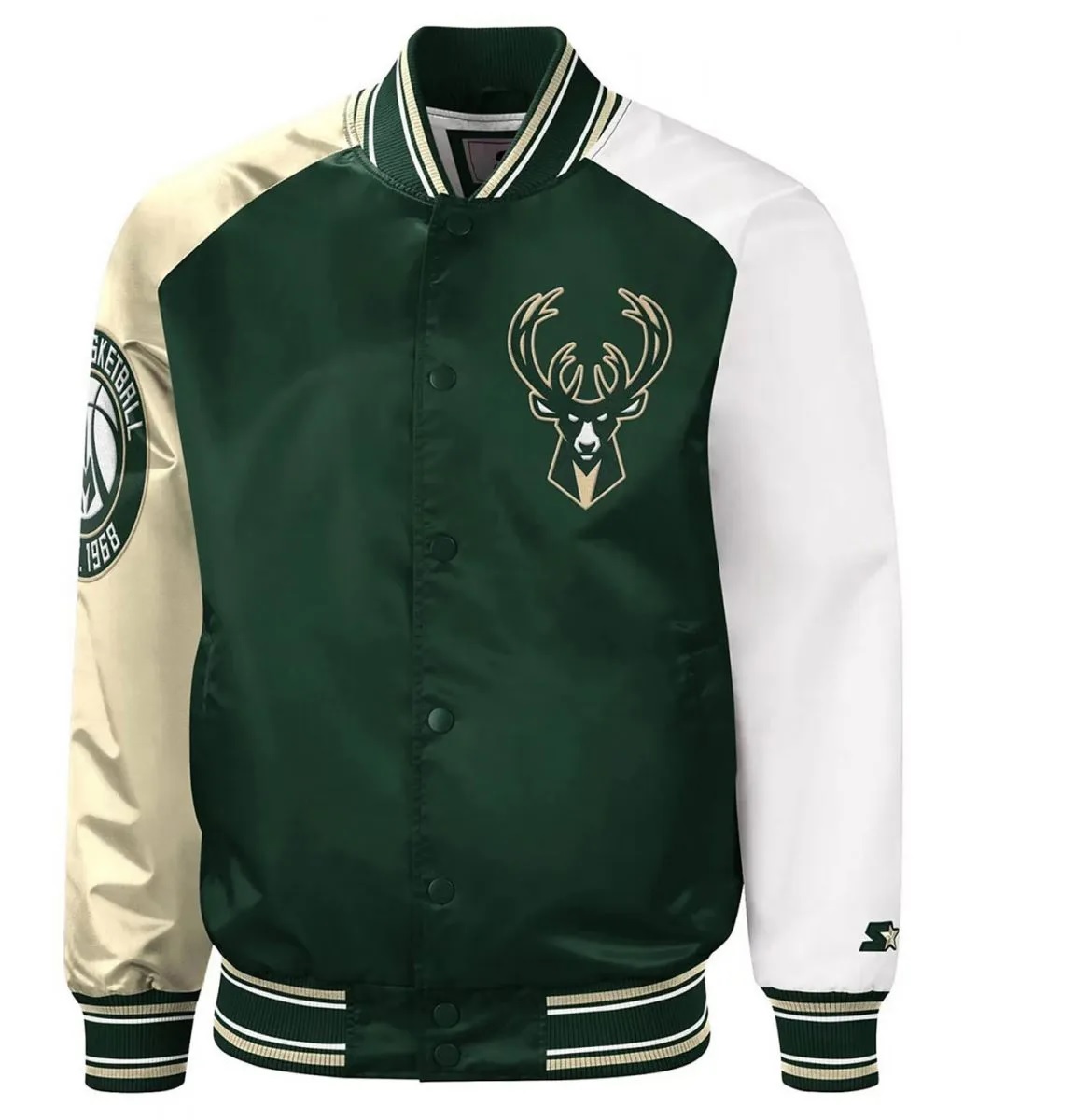 Milwaukee Bucks Hunter Green and Cream Varsity Satin Jacket