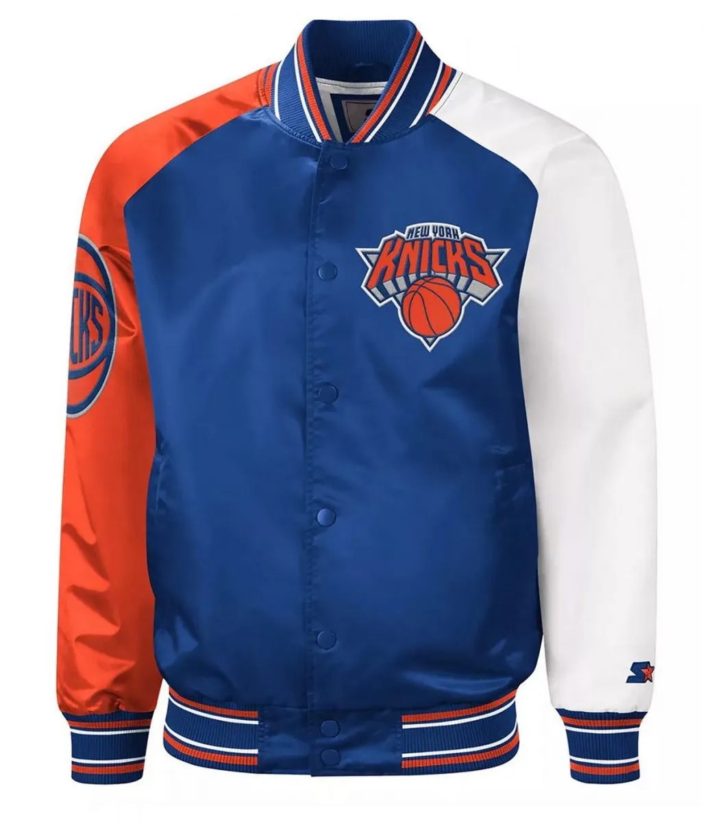 NY Knicks Reliever Raglan Royal Blue and Orange Satin Jacket