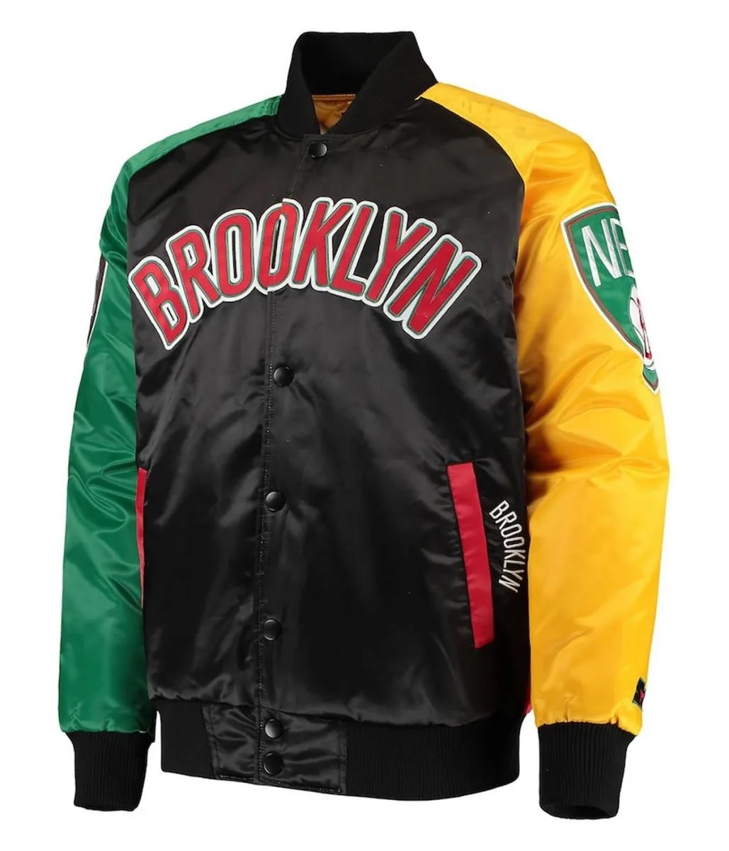Ty Mopkins Brooklyn Nets Varsity Satin Black and Red Jacket