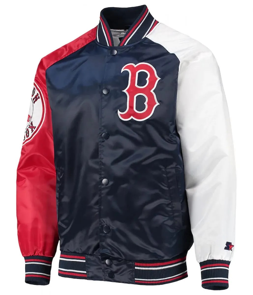 Boston Red Sox Reliever Raglan Satin Blue and Red Jacket