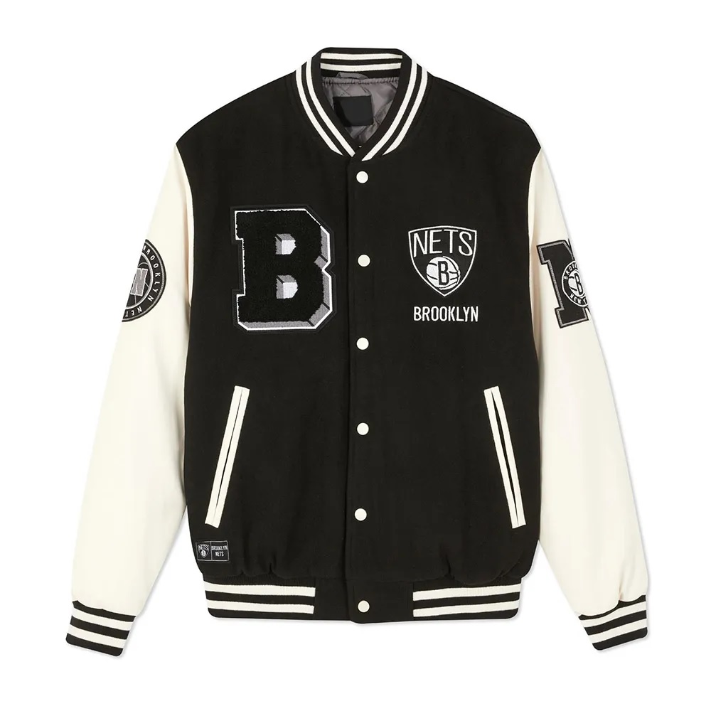 Brooklyn Nets Varsity Black and Off White Jacket