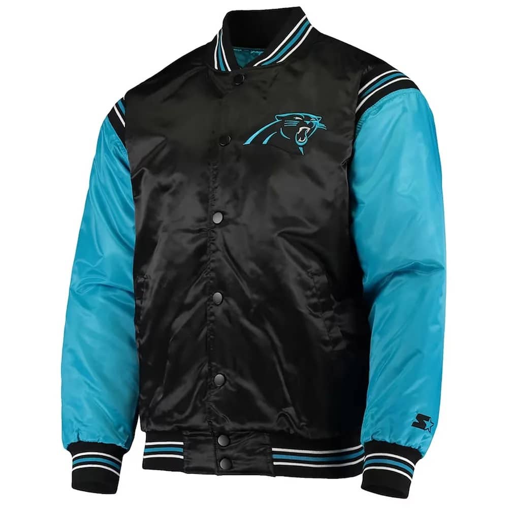 Carolina Panthers Enforcer Satin Blac Blue Varsity Jacket