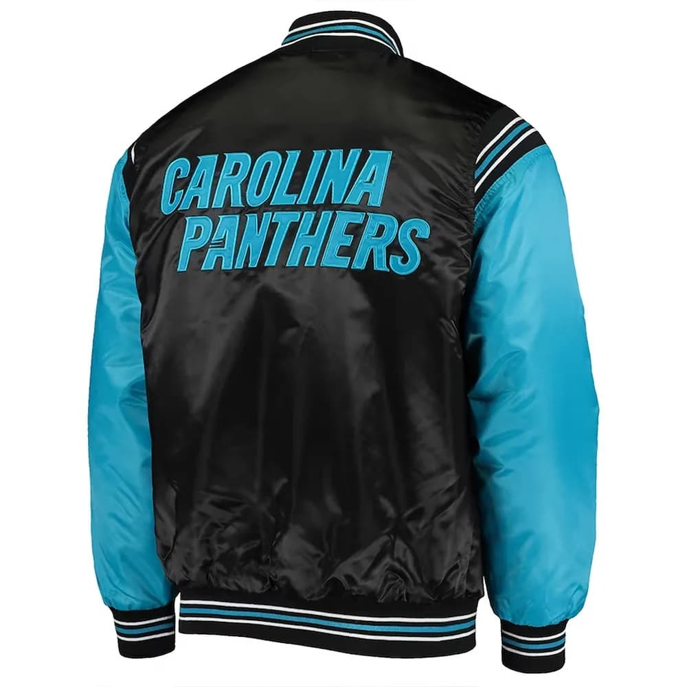 Carolina Panthers Enforcer Satin Blac Blue Varsity Jacket