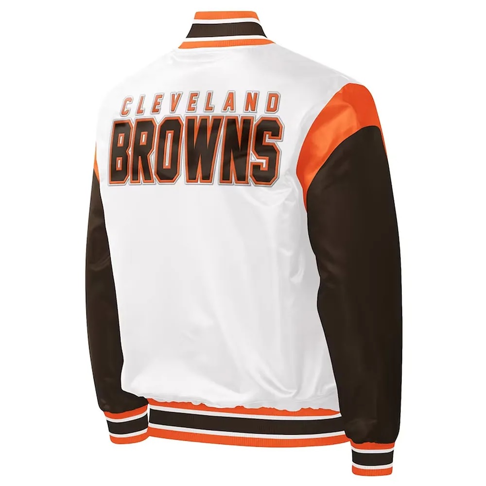 Cleveland Browns Throwback Pitch Varsity White and Brown Satin Jacket