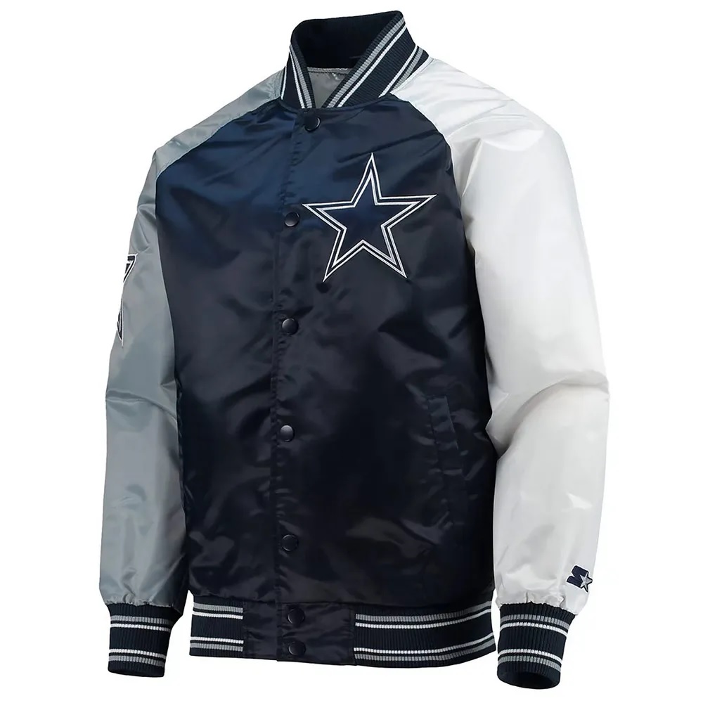 Dallas Cowboys The Reliever Navy and White Varsity Satin Jacket