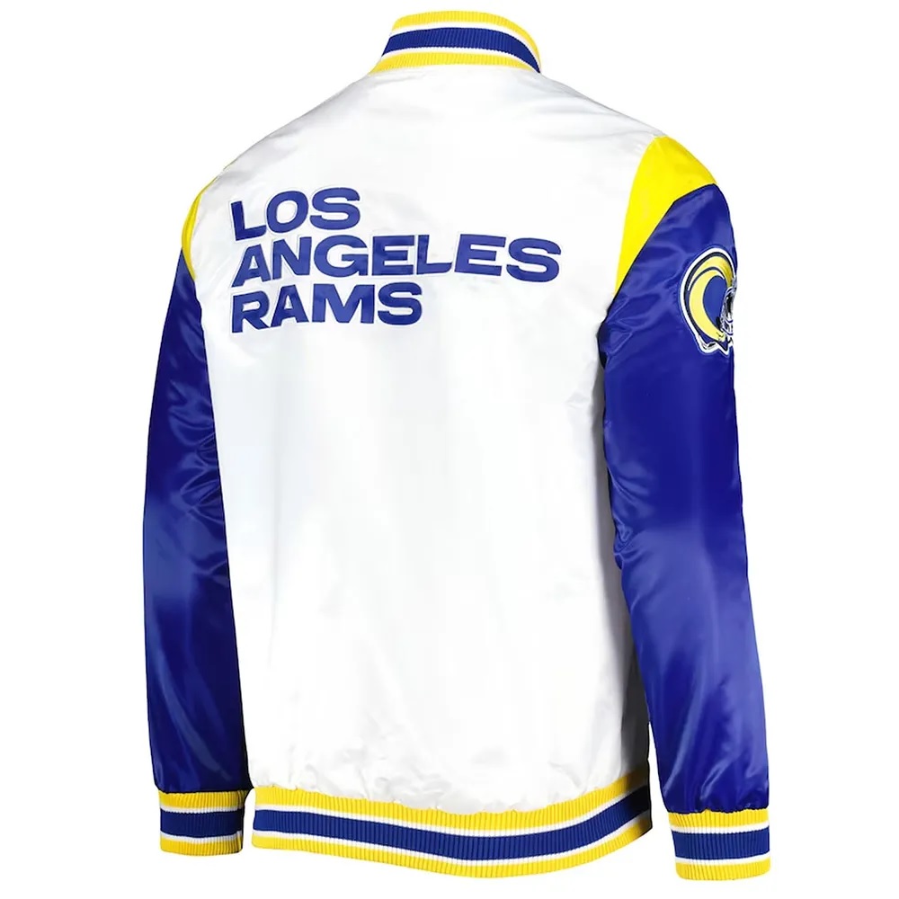 LA Rams Throwback Warm Up Pitch White Varsity Satin Jacket