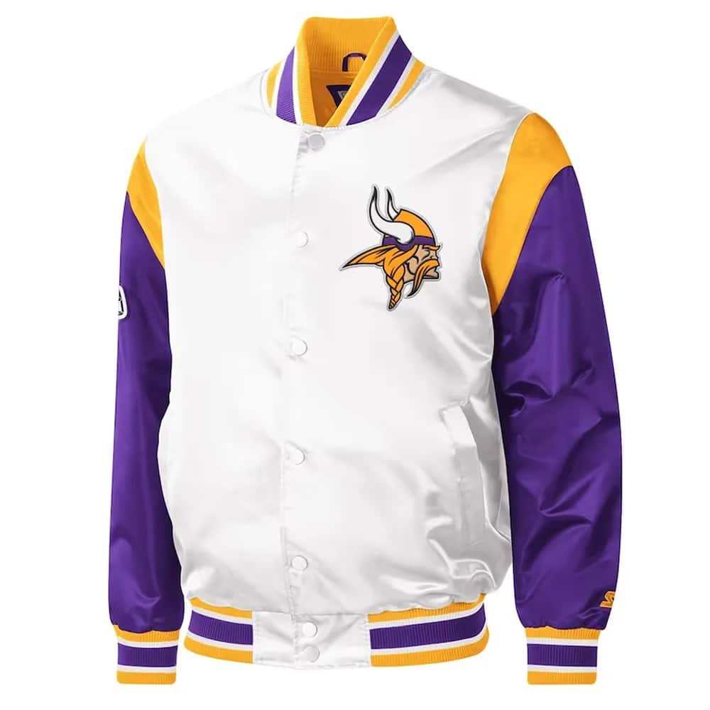 Minnesota Vikings Throwback Warm Up Pitch Varsity White Purple Satin Jacket