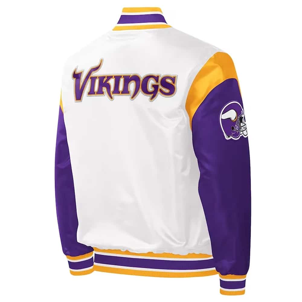 Minnesota Vikings Throwback Warm Up Pitch Varsity White Purple Satin Jacket
