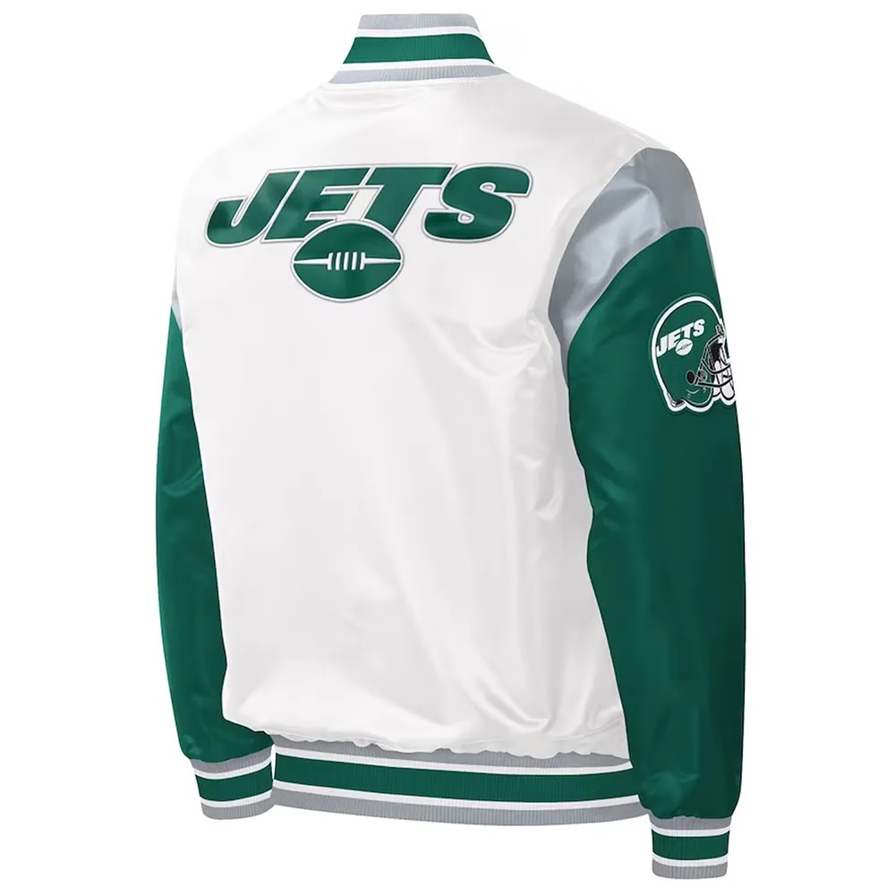 NY Jets Throwback Warm Up Pitch Varsity Satin Jacket