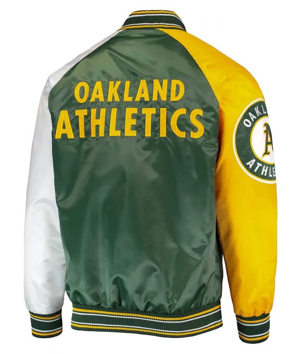Oakland Athletics Reliever Satin Green and Yellow Varsity Jacket