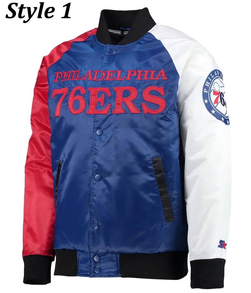 Philadelphia 76ers Red and Royal Blue Varsity Satin Jacket