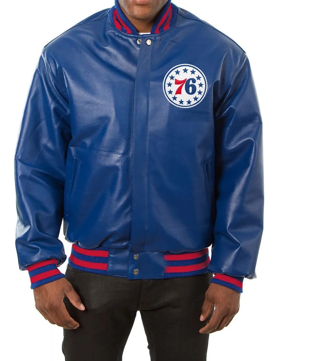 Varsity Philadelphia 76ers Royal Blue Leather Jacket