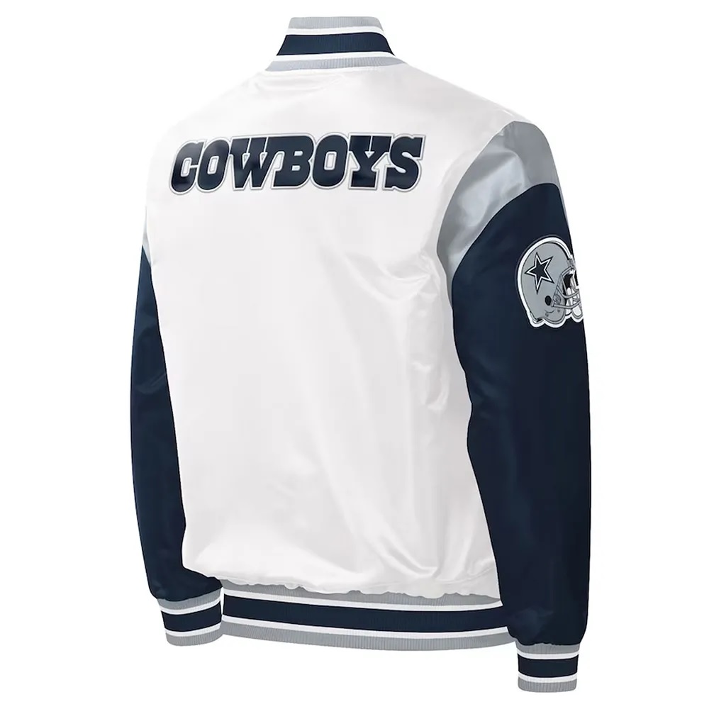 Warm-Up Pitch Dallas Cowboys White and Blue Varsity Satin Jacket