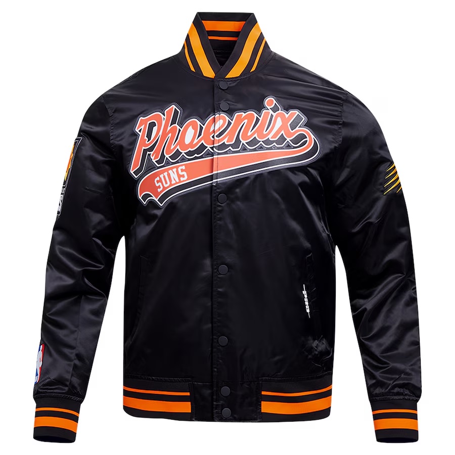 Phoenix Suns Script Tail Black Satin Varsity Jacket