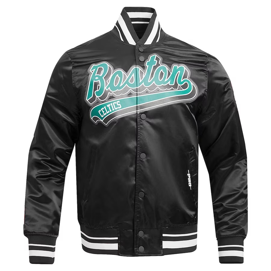 Boston Celtics Script Tail Full-Snap Satin Varsity Jacket