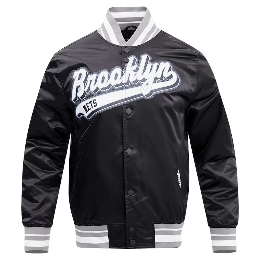 Brooklyn Nets Script Tail Full-Snap Satin Varsity Jacket