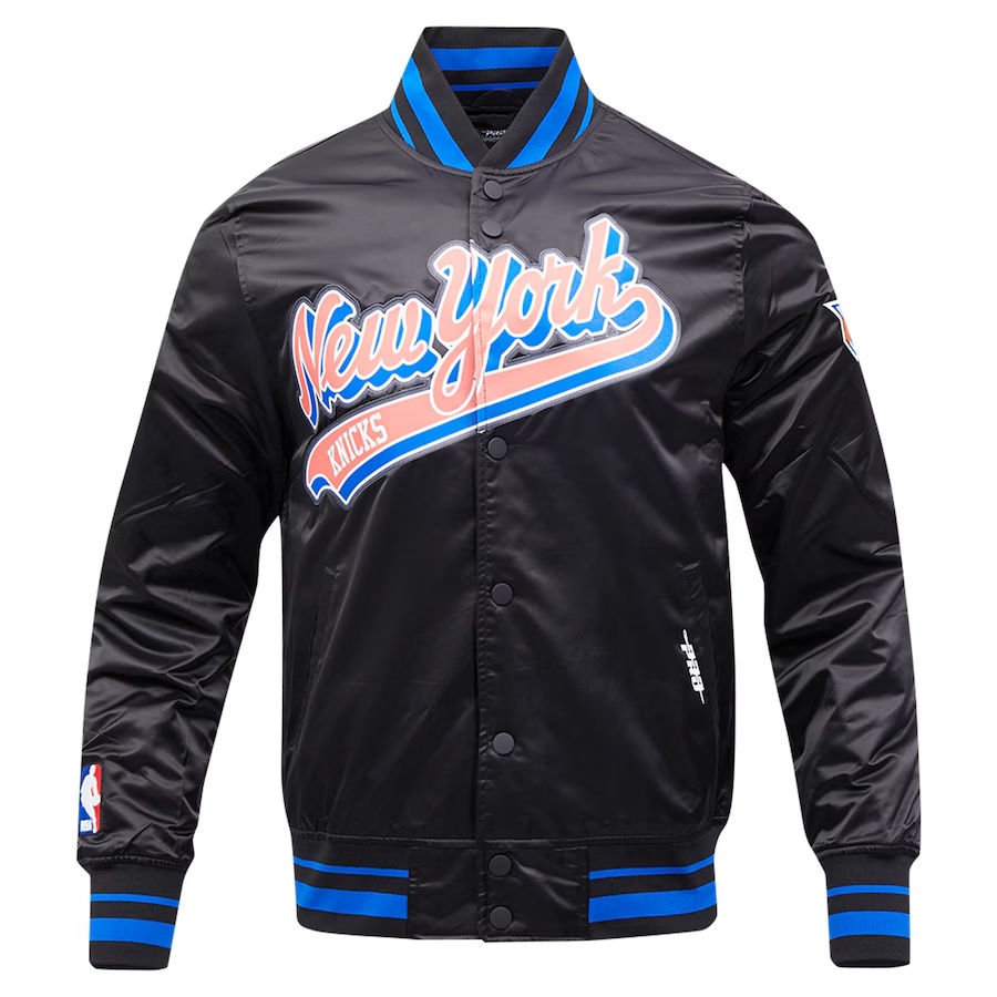 New York Knicks Script Tail Satin Varsity Jacket