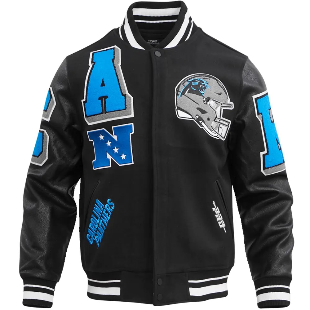 Carolina Panthers Patches Black Wool and Leather Jacket