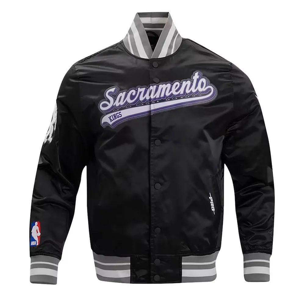 Sacramento Kings Script Tail Black Varsity Satin Jacket