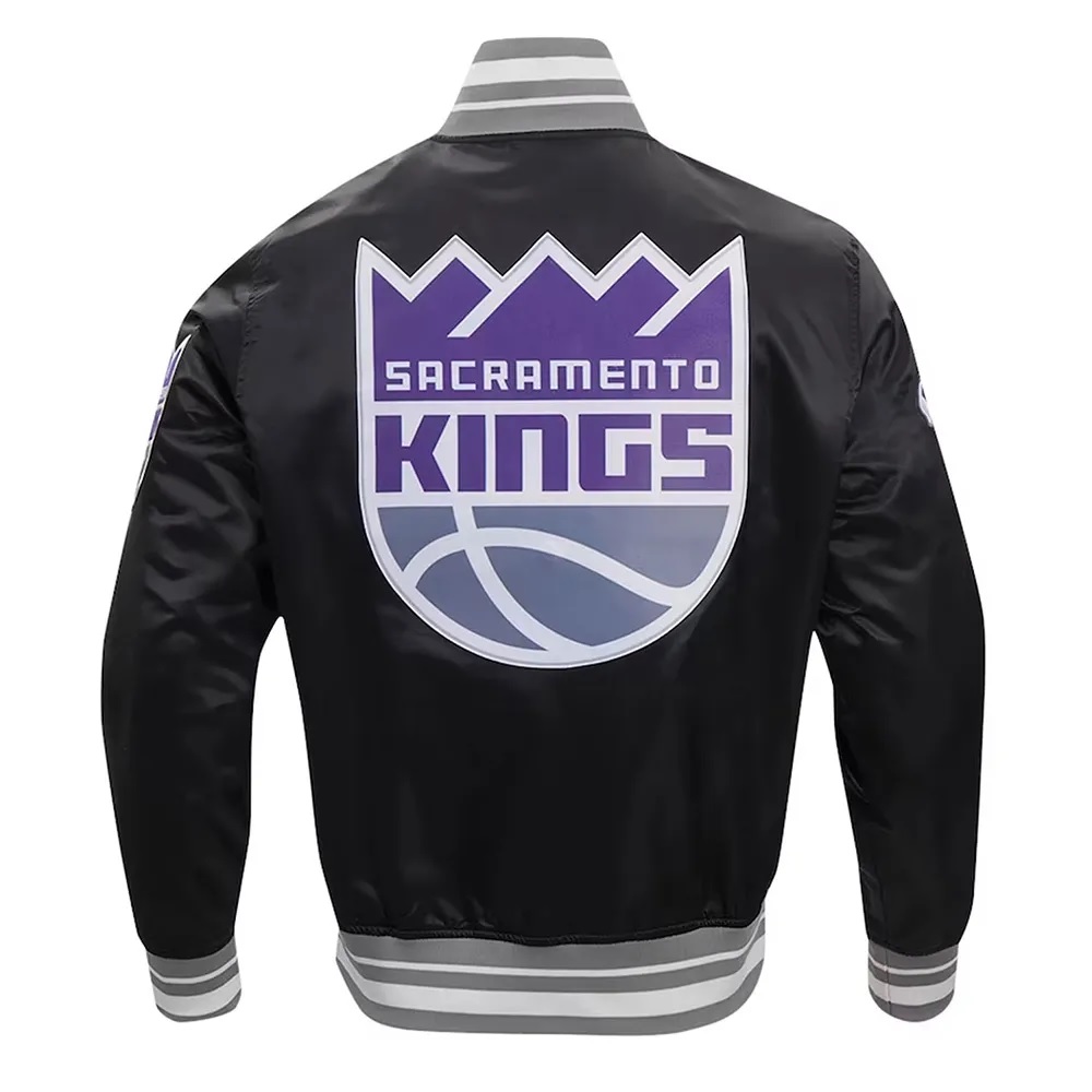 Sacramento Kings Script Tail Black Varsity Satin Jacket