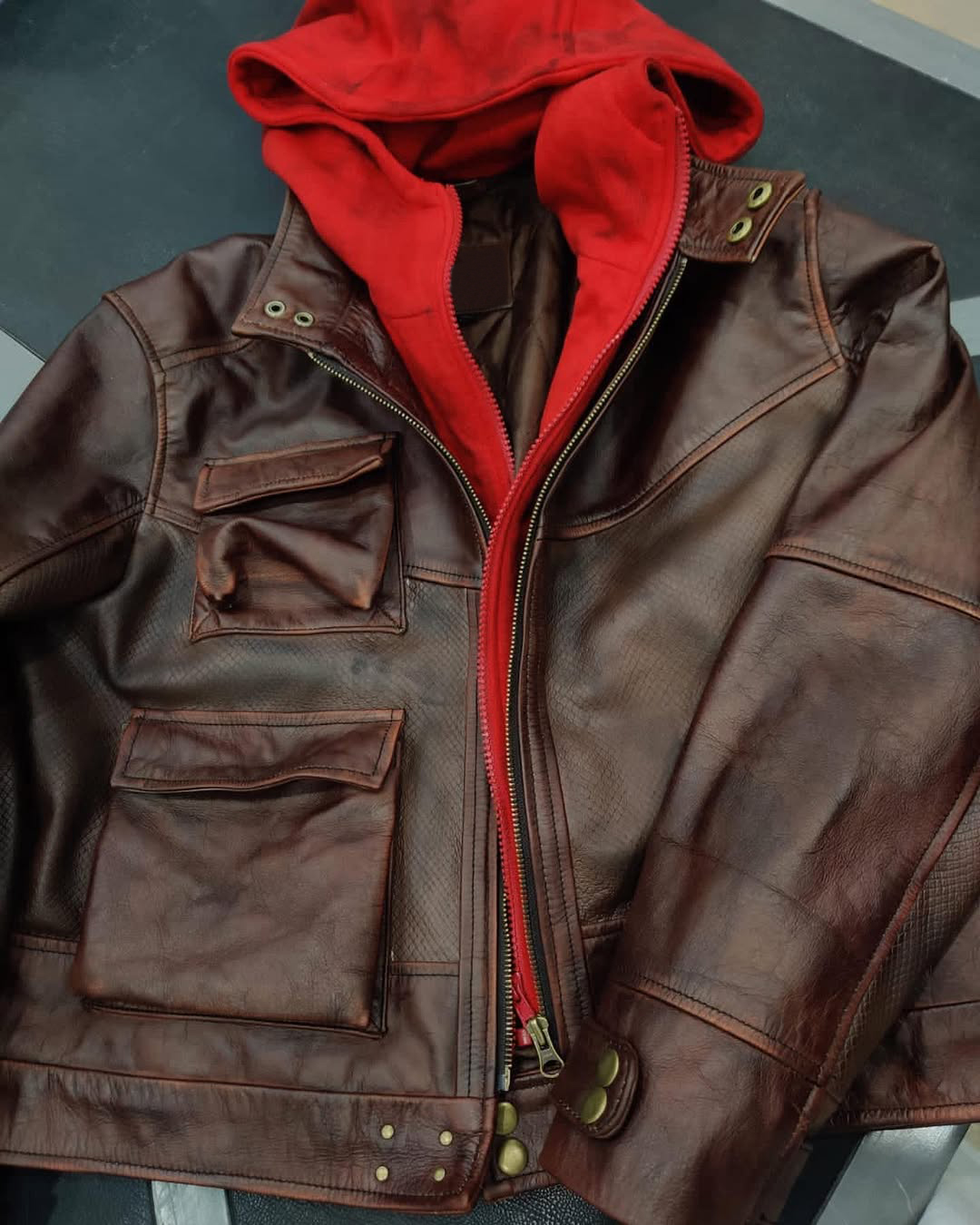 Red Hood Brown Leather Jacket