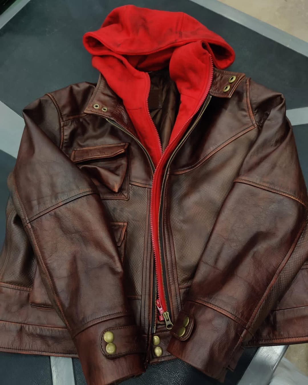 Red Hood Brown Leather Jacket